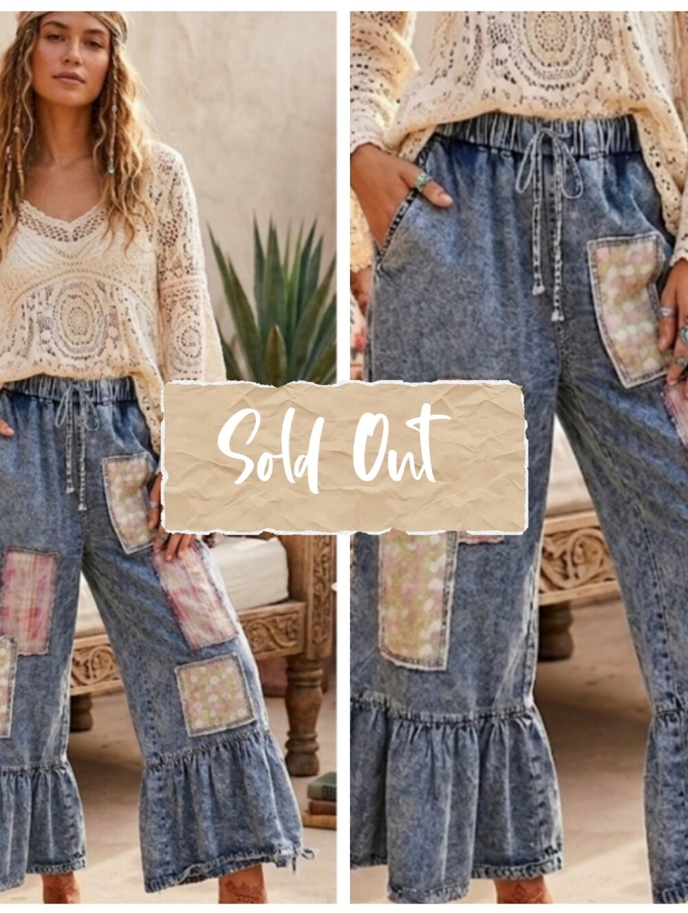 Boho Patchwork Ruffle Hem Denim Pants - Acid Wash Blue